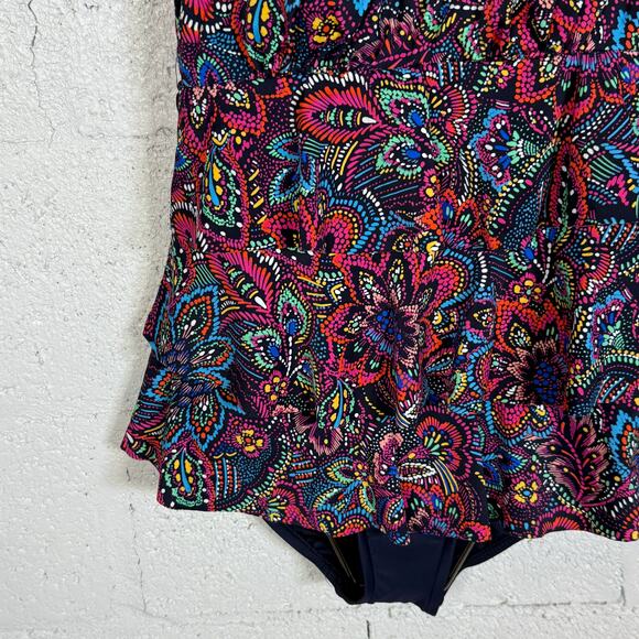Swim Solutions Women's Printed Tiered One-Piece Swimsuit Navy Multi 8 MSRP $99 - Picture 3 of 13